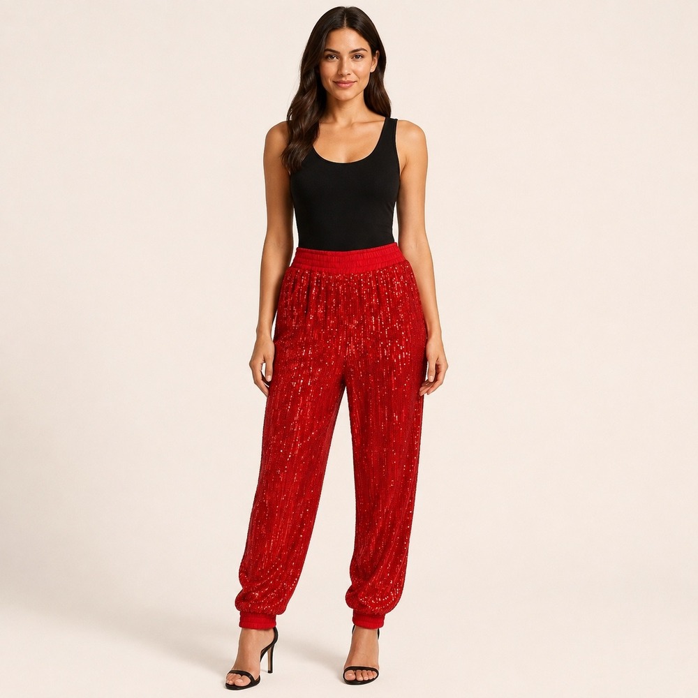 Why Dress Small Jogger Pants Red Sequin Game Day Holiday Party Glam Max Sparkle
